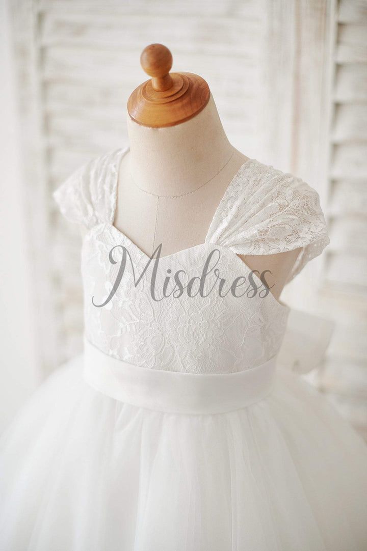 Cap Sleeves Ivory Lace Tulle Wedding Flower Girl Dress, Big Bow 2T