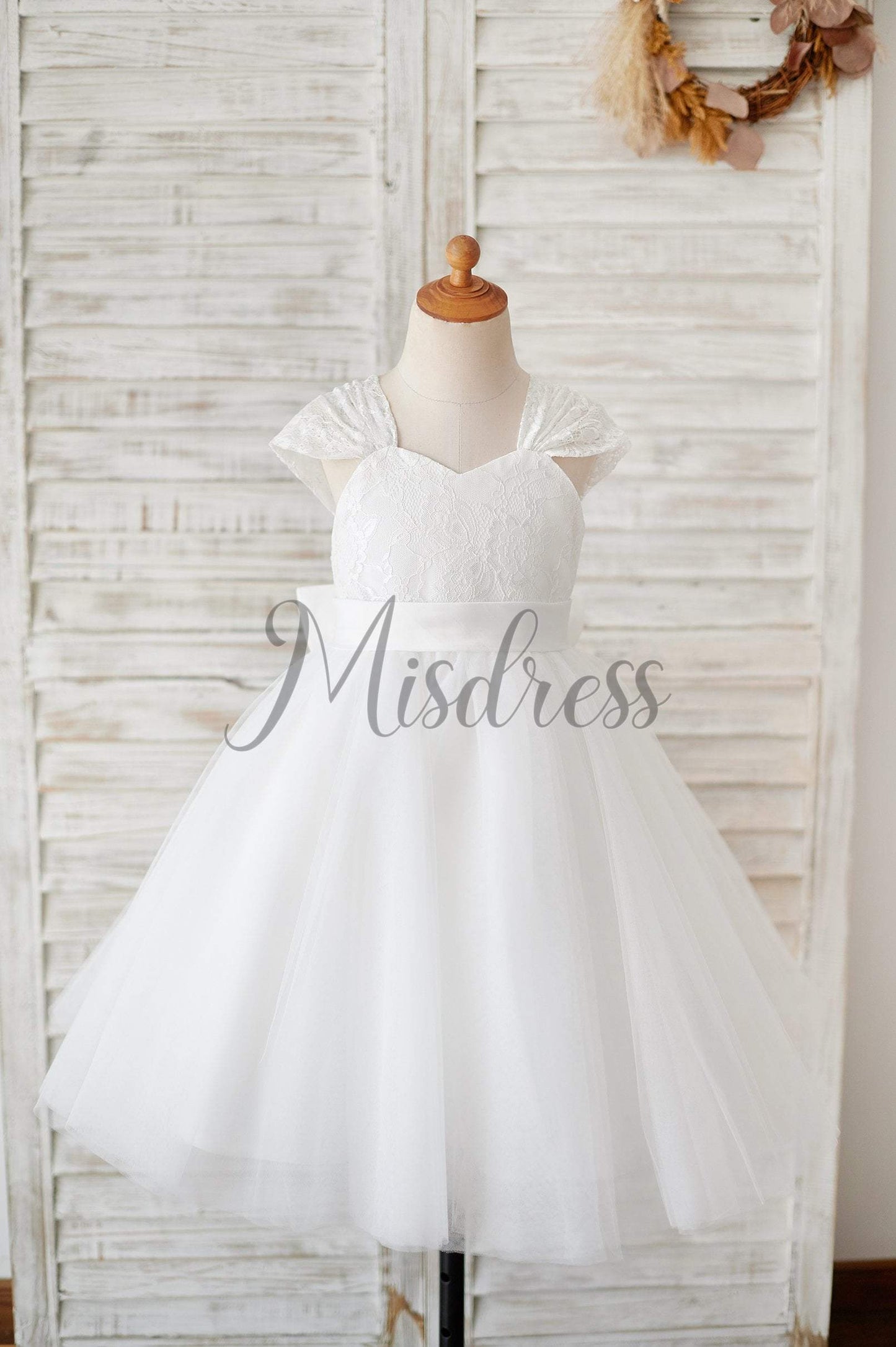 Cap Sleeves Ivory Lace Tulle Wedding Flower Girl Dress with Big Bow - Flower Girl Dresses