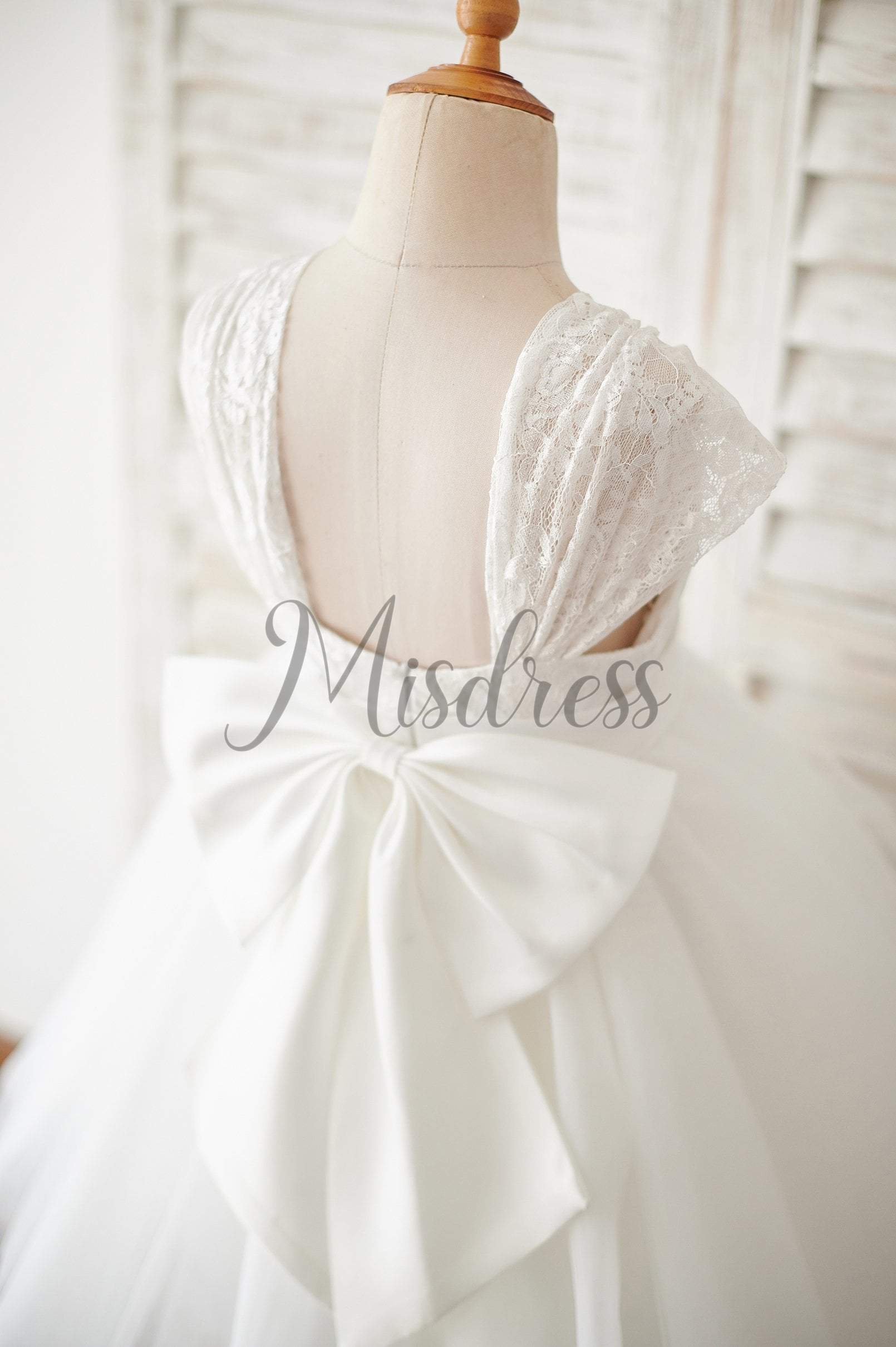Cap Sleeves Ivory Lace Tulle Wedding Flower Girl Dress with Big Bow - Flower Girl Dresses
