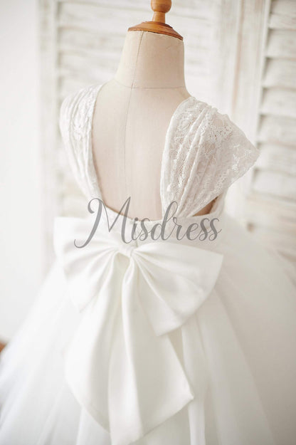 Cap Sleeves Ivory Lace Tulle Wedding Flower Girl Dress with Big Bow - Flower Girl Dresses