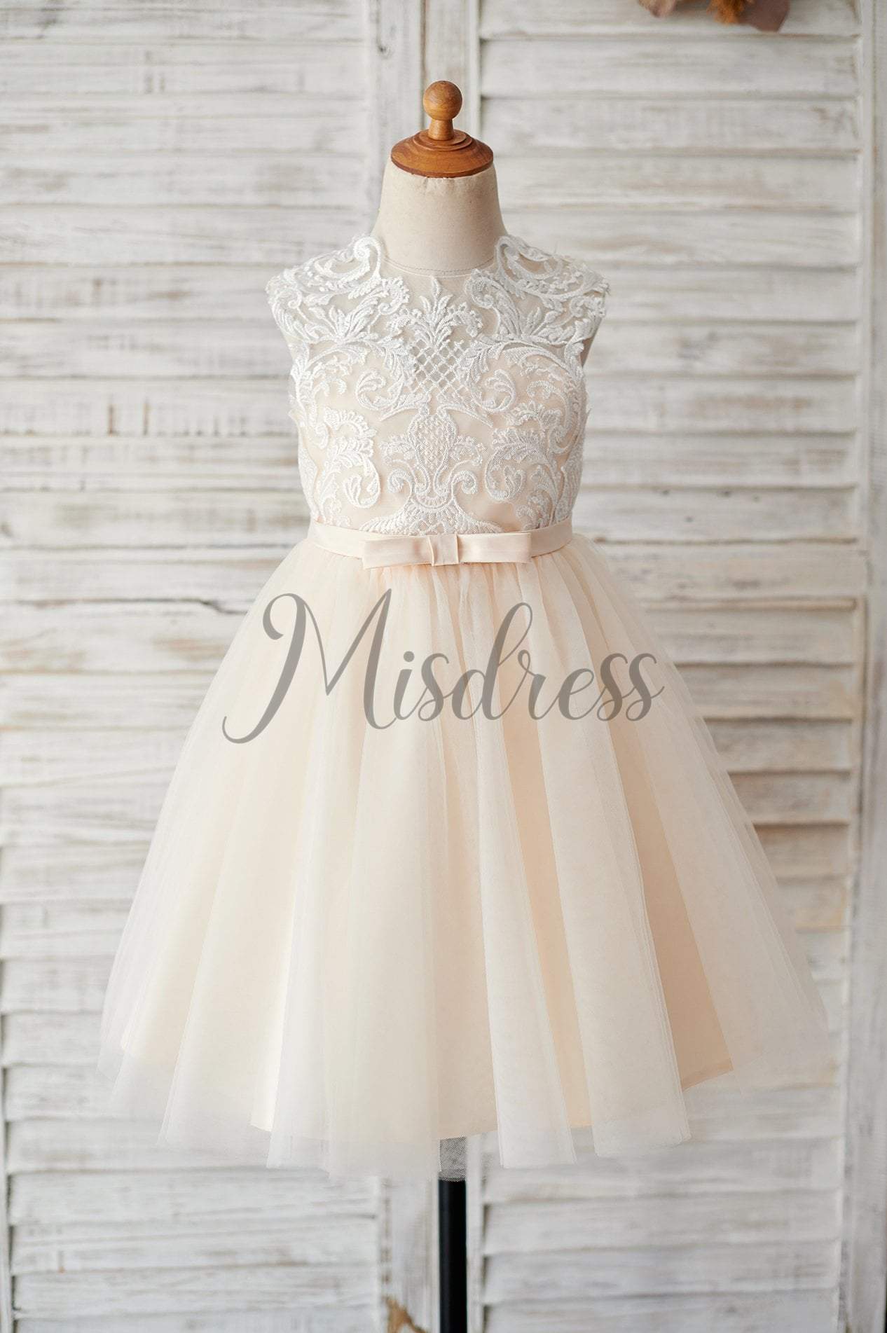 Champagne Tulle Ivory Lace Keyhole Back Wedding Flower Girl Dress - Flower Girl Dresses