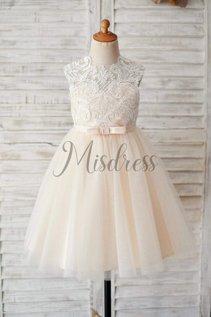 Champagne Tulle Ivory Lace Keyhole Back Wedding Flower Girl Dress - Flower Girl Dresses