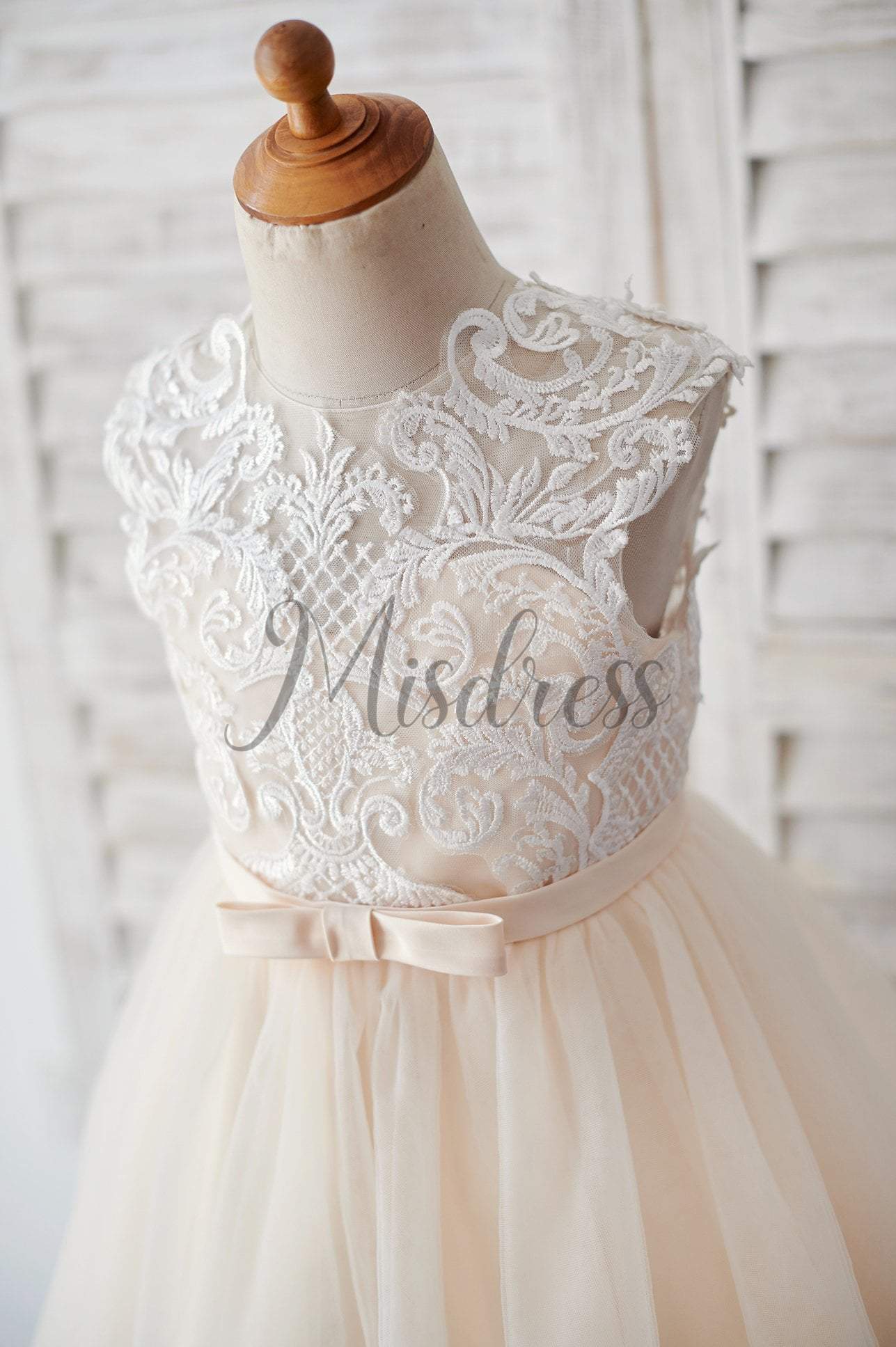 Champagne Tulle Ivory Lace Keyhole Back Wedding Flower Girl Dress - Flower Girl Dresses