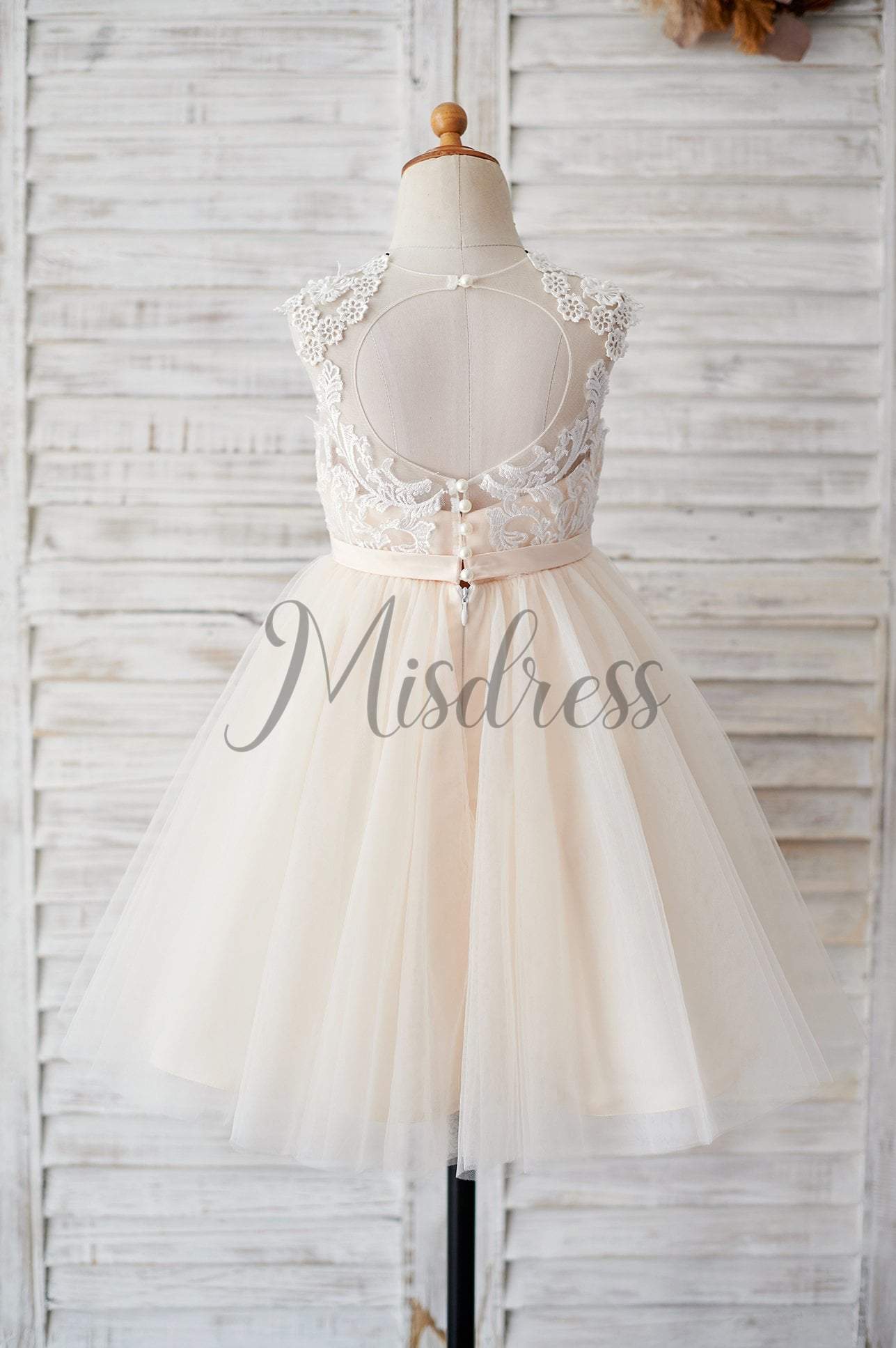 Champagne Tulle Ivory Lace Keyhole Back Wedding Flower Girl Dress - Flower Girl Dresses