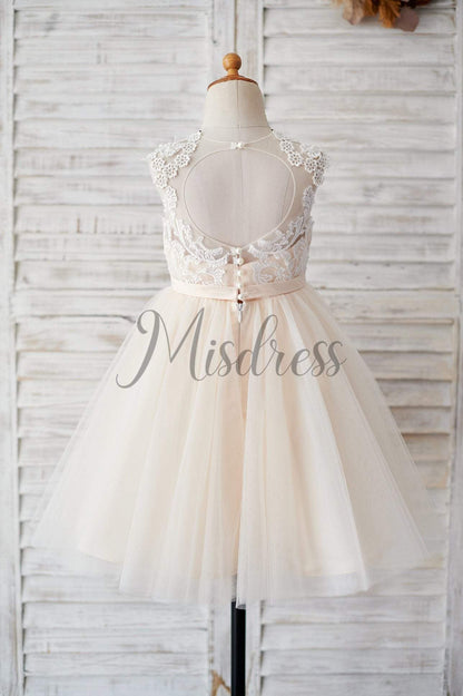 Champagne Tulle Ivory Lace Keyhole Back Wedding Flower Girl Dress - Flower Girl Dresses