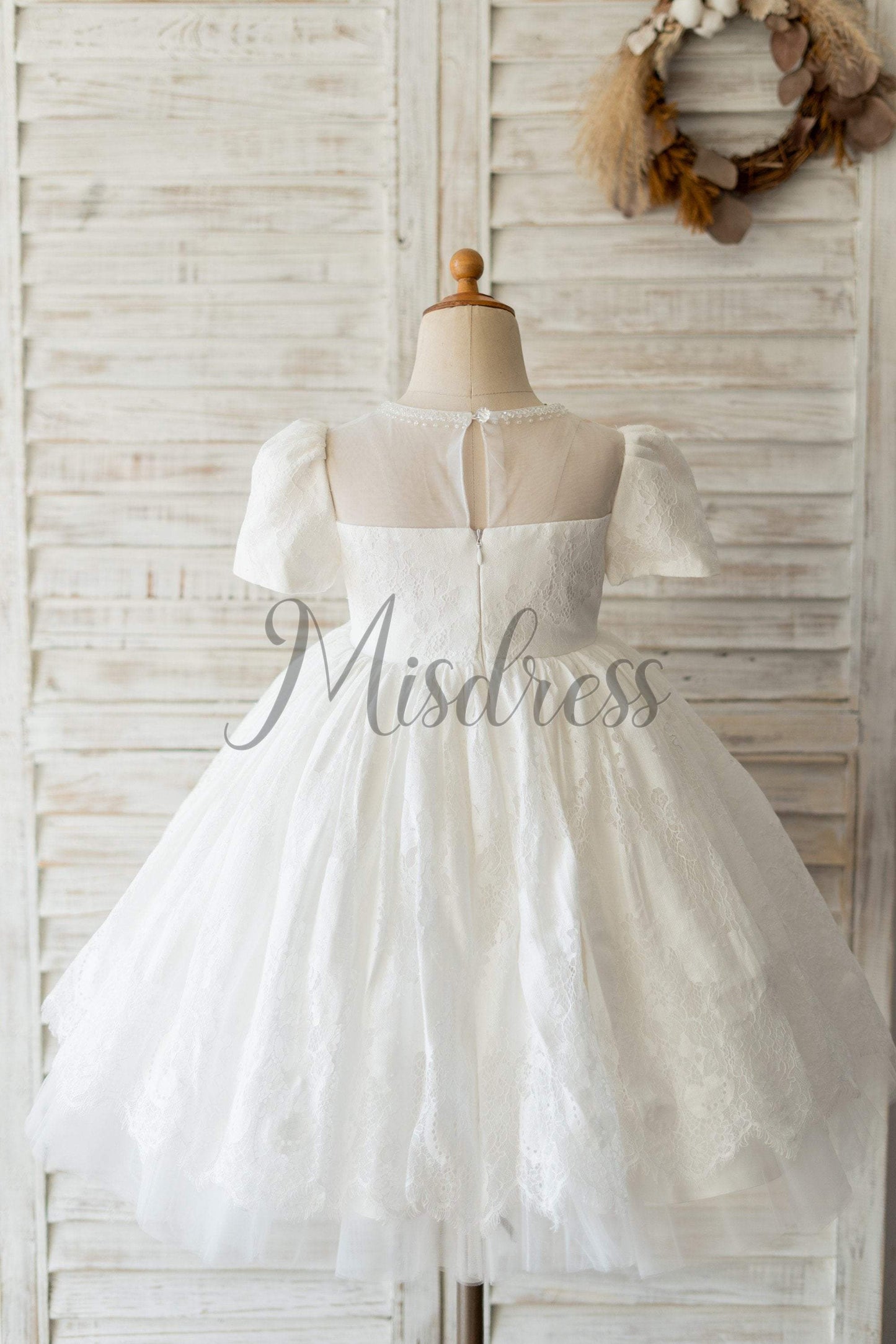 Ivory Lace Short Sleeves Wedding Flower Girl Dress