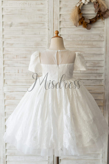 Ivory Lace Short Sleeves Wedding Flower Girl Dress