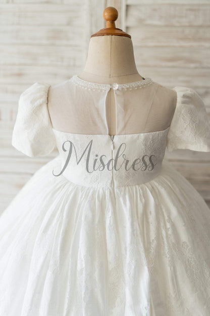 Ivory Lace Short Sleeves Wedding Flower Girl Dress