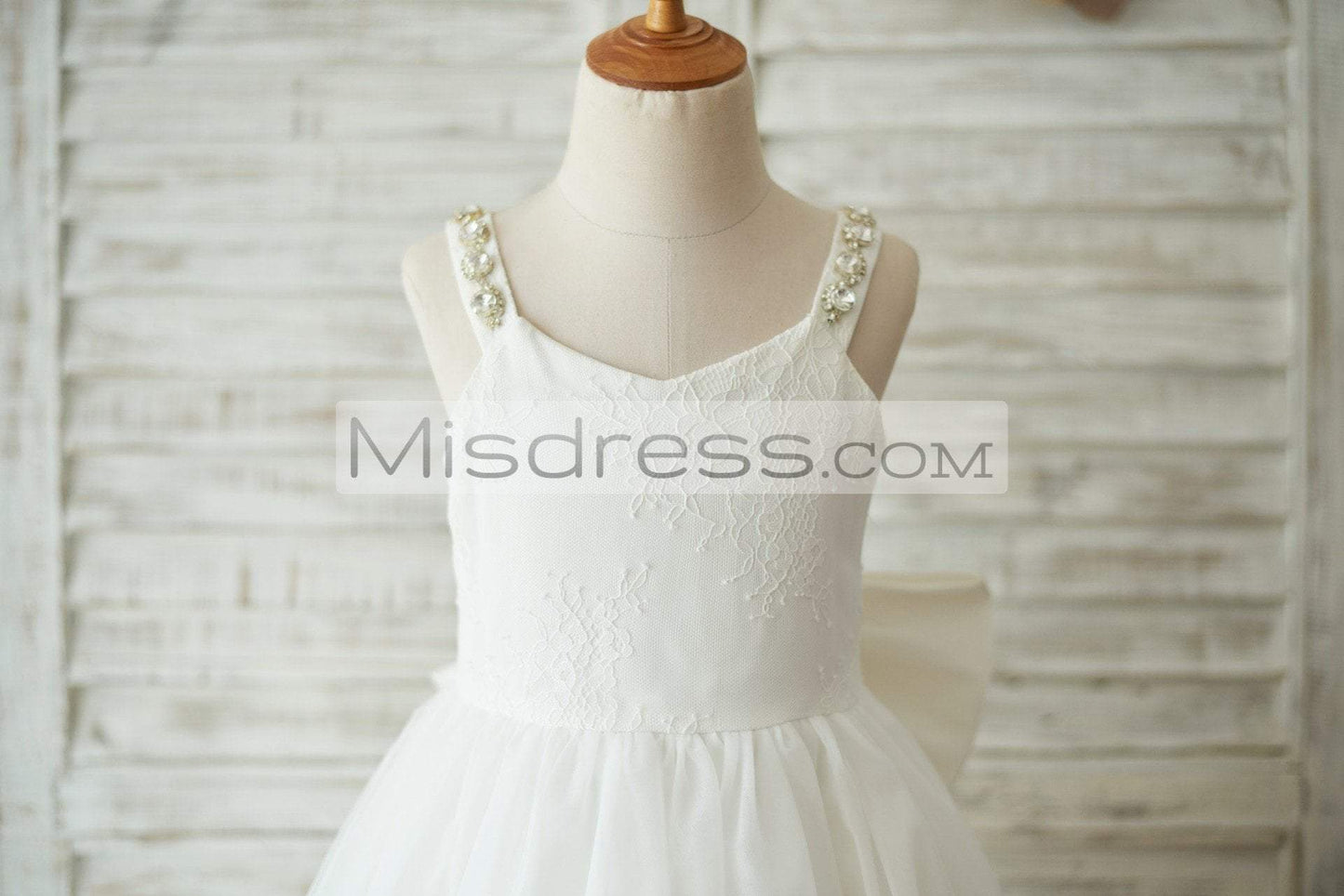 Deep V Back Ivory Lace Tulle Wedding Flower Girl Dress with Bow - Flower Girl Dresses