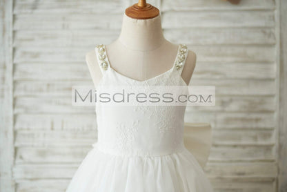 Deep V Back Ivory Lace Tulle Wedding Flower Girl Dress with Bow - Flower Girl Dresses