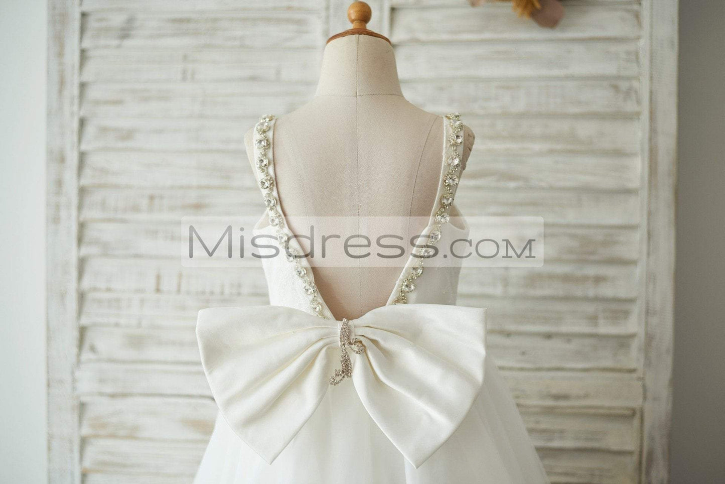 Deep V Back Ivory Lace Tulle Wedding Flower Girl Dress with Bow - Flower Girl Dresses