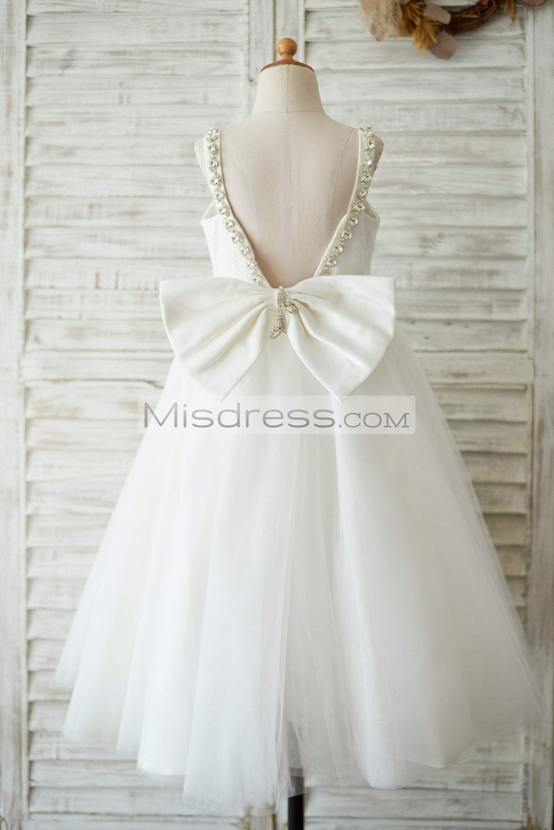 Deep V Back Ivory Lace Tulle Wedding Flower Girl Dress with Bow - Flower Girl Dresses