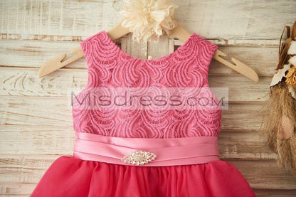 Fuschia Lace Organza Wedding Flower Girl Dress with Belt/Bow - Flower Girl Dresses