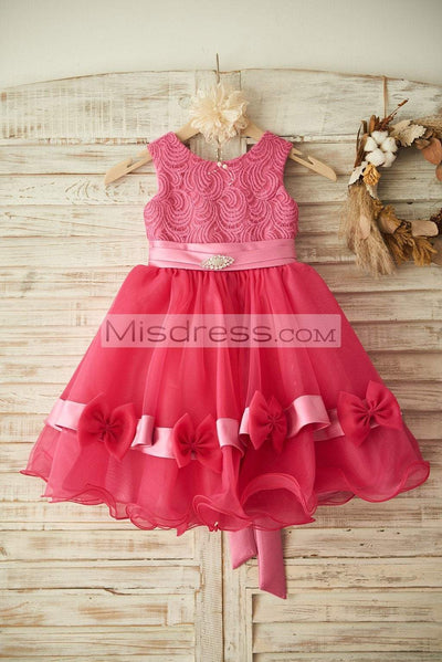 Fuschia Lace Organza Wedding Flower Girl Dress with Belt/Bow - Flower Girl Dresses