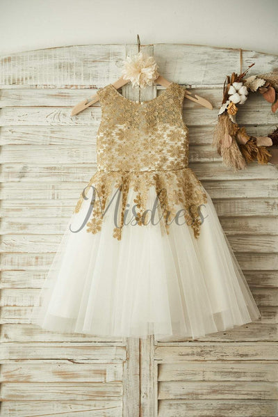 Gold Lace Ivory Tulle Wedding Flower Girl Dress - Flower Girl Dresses