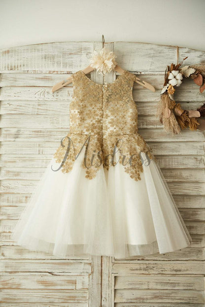Gold Lace Ivory Tulle Wedding Flower Girl Dress - Flower Girl Dresses
