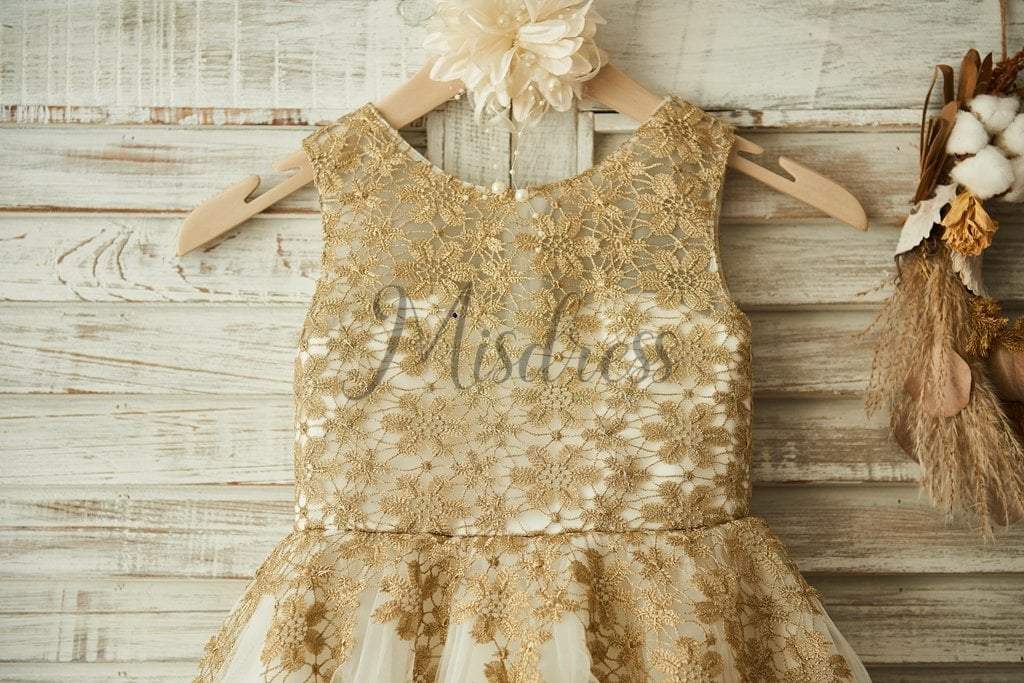 Gold Lace Ivory Tulle Wedding Flower Girl Dress - Flower Girl Dresses