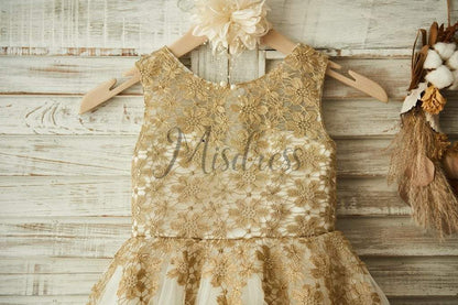 Gold Lace Ivory Tulle Wedding Flower Girl Dress - Flower Girl Dresses