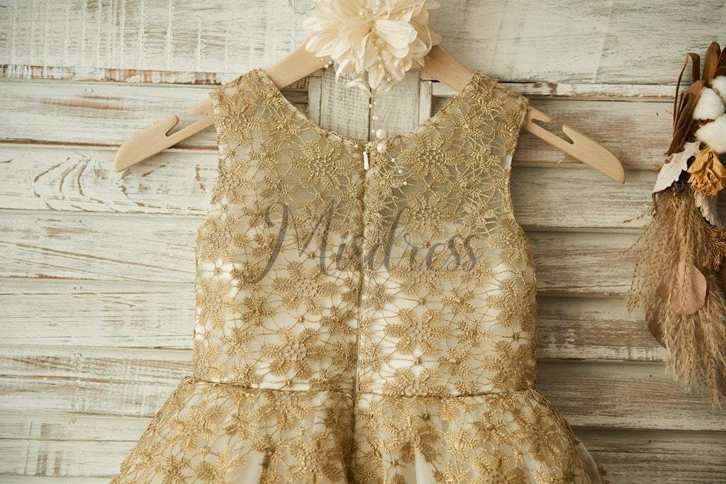 Gold Lace Ivory Tulle Wedding Flower Girl Dress - Flower Girl Dresses