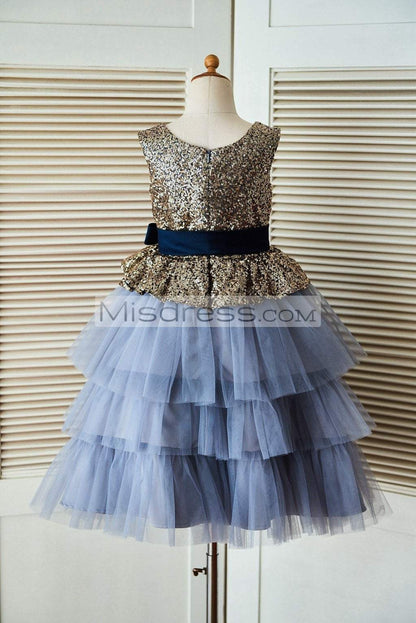 Gold Sequin Blue Cupcake Tulle Wedding Flower Girl Dress with Navy Blue Belt - Flower Girl Dresses