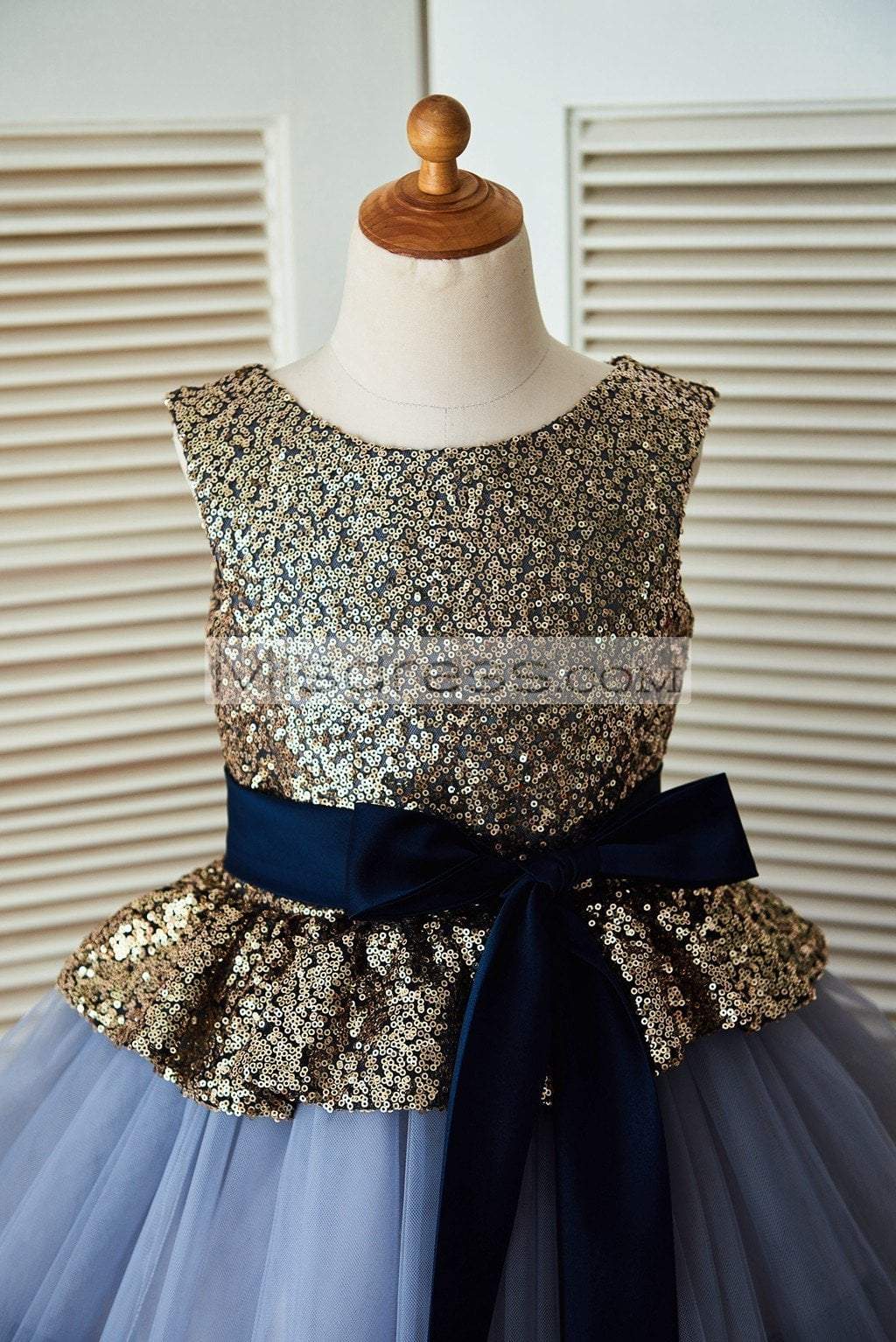 Gold Sequin Blue Cupcake Tulle Wedding Flower Girl Dress with Navy Blue Belt - Flower Girl Dresses
