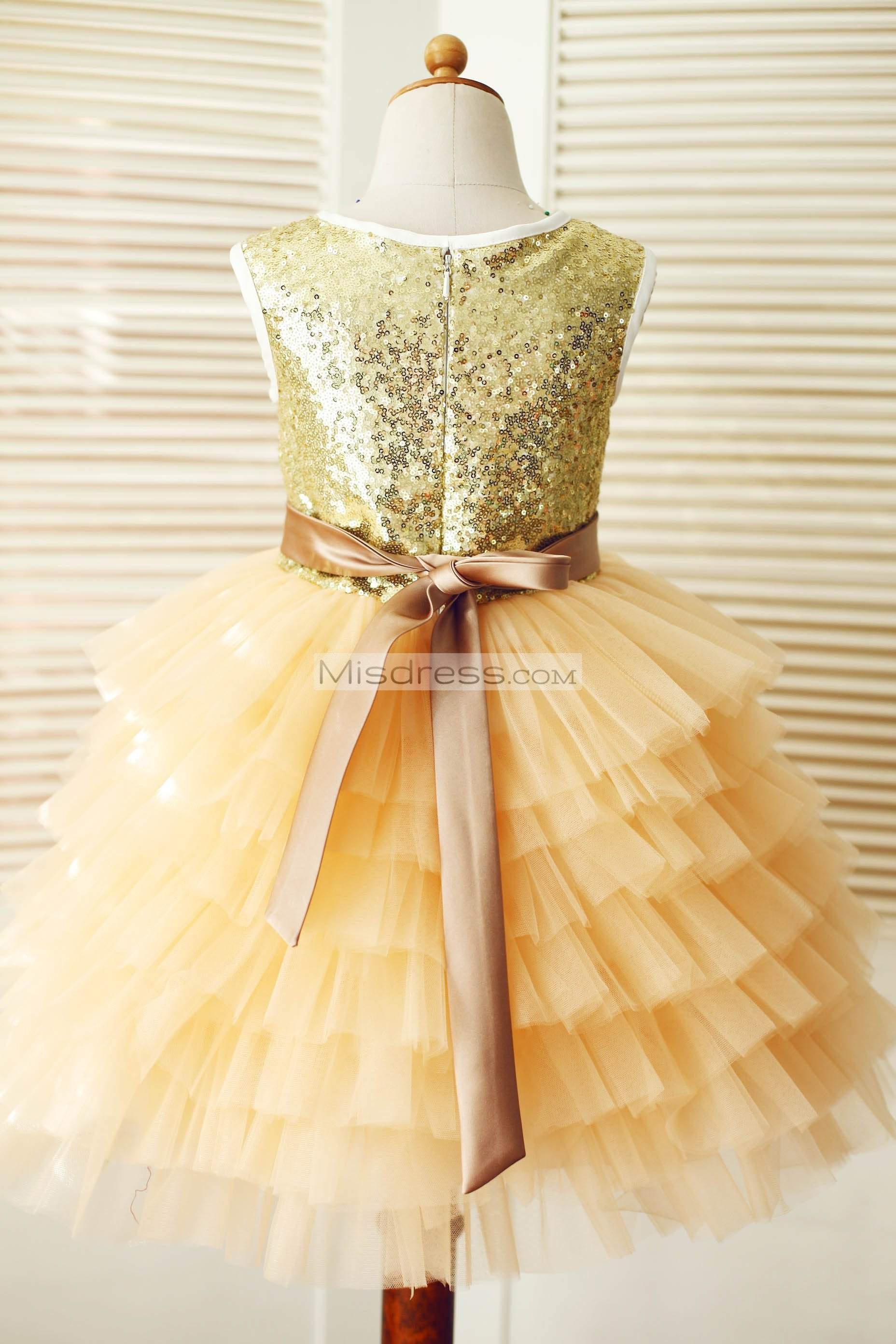 Gold Sequin Champagne Cupcake Tulle Wedding Flower Girl Dress - Flower Girl Dresses