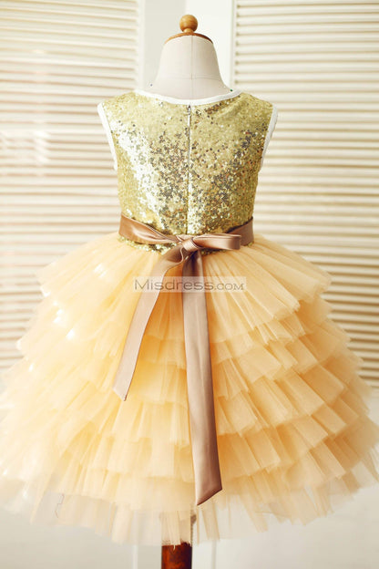 Gold Sequin Champagne Cupcake Tulle Wedding Flower Girl Dress - Flower Girl Dresses