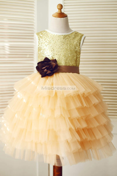Gold Sequin Champagne Cupcake Tulle Wedding Flower Girl Dress - Flower Girl Dresses