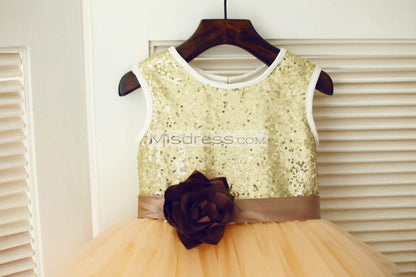 Gold Sequin Champagne Cupcake Tulle Wedding Flower Girl Dress - Flower Girl Dresses