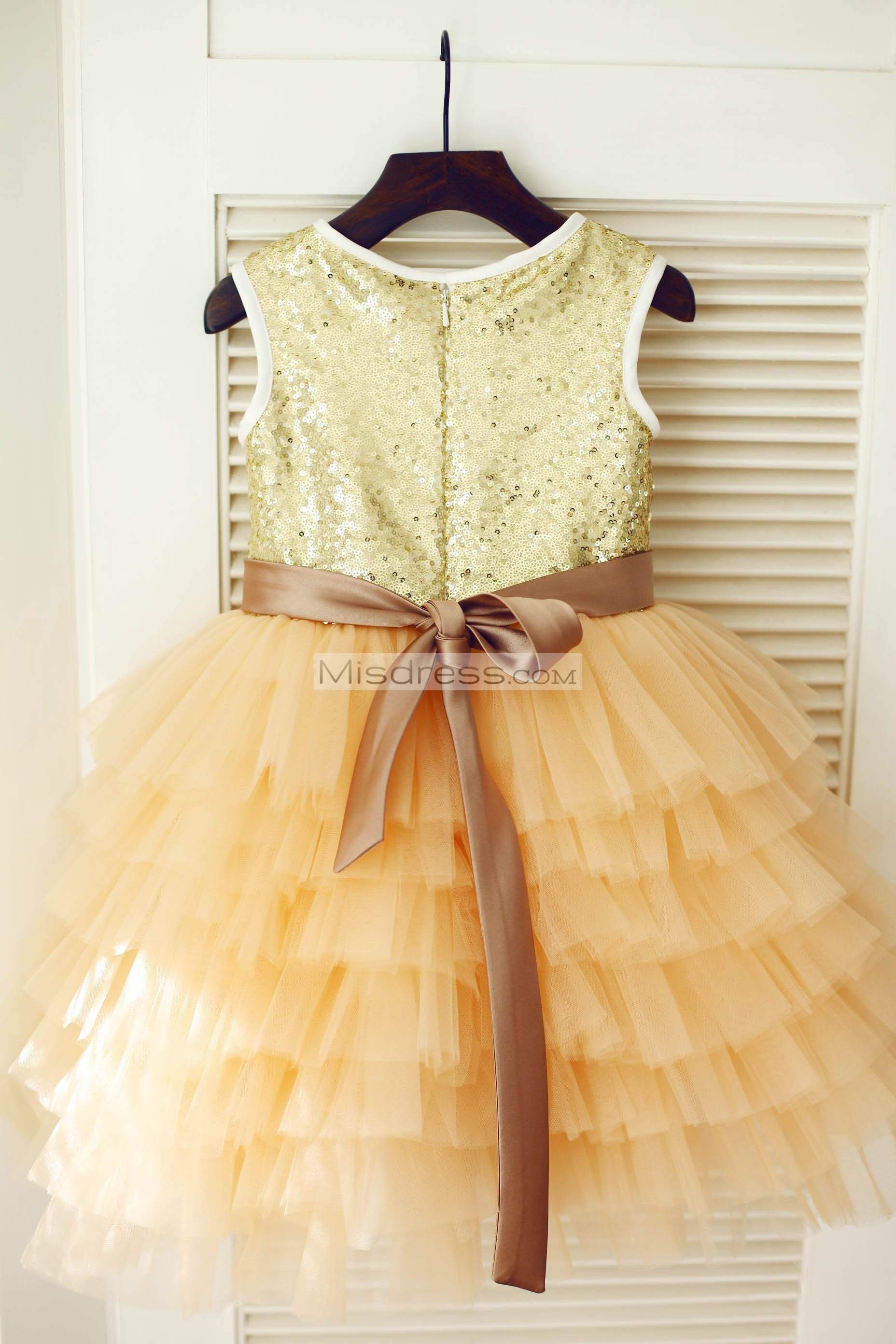 Gold Sequin Champagne Cupcake Tulle Wedding Flower Girl Dress - Flower Girl Dresses