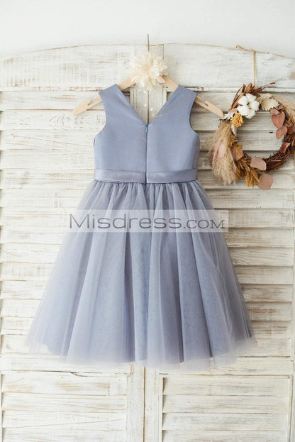 Gray Satin Tulle V Neckline Wedding Flower Girl Dress with Belt - Flower Girl Dresses