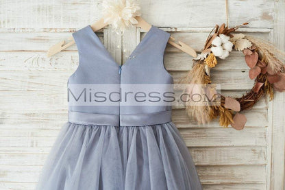 Gray Satin Tulle V Neckline Wedding Flower Girl Dress with Belt - Flower Girl Dresses