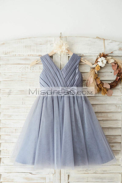 Gray Satin Tulle V Neckline Wedding Flower Girl Dress with Belt - Flower Girl Dresses