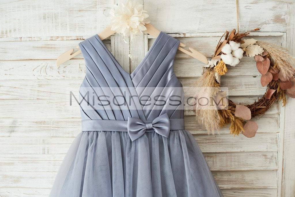 Gray Satin Tulle V Neckline Wedding Flower Girl Dress with Belt - Flower Girl Dresses