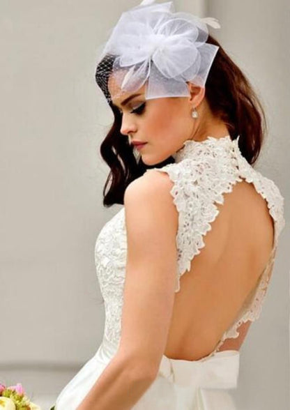 Princess High-Neck Sleeveless Keyhole Knee-Length Lace Tulle