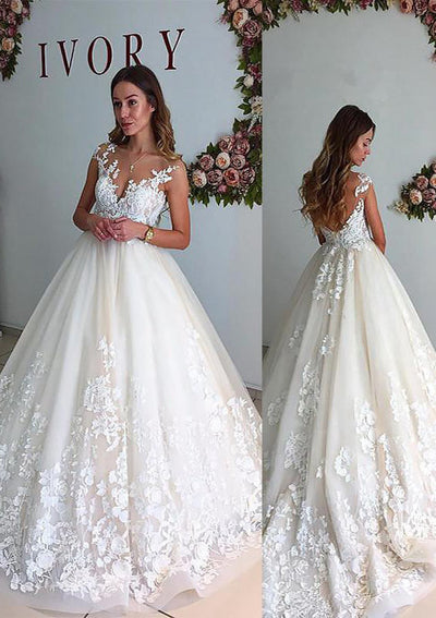 Illusion Neck Sleeveless Chapel Train Lace Wedding Dress 