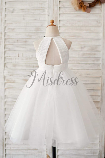 Ivory Chiffon Tulle Halter Neck Keyhole Back Wedding Flower Girl Dress - Flower Girl Dresses