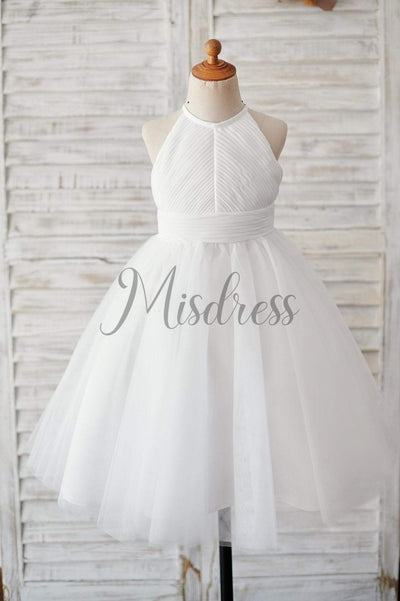 Ivory Chiffon Tulle Halter Neck Keyhole Back Wedding Flower Girl Dress - Flower Girl Dresses