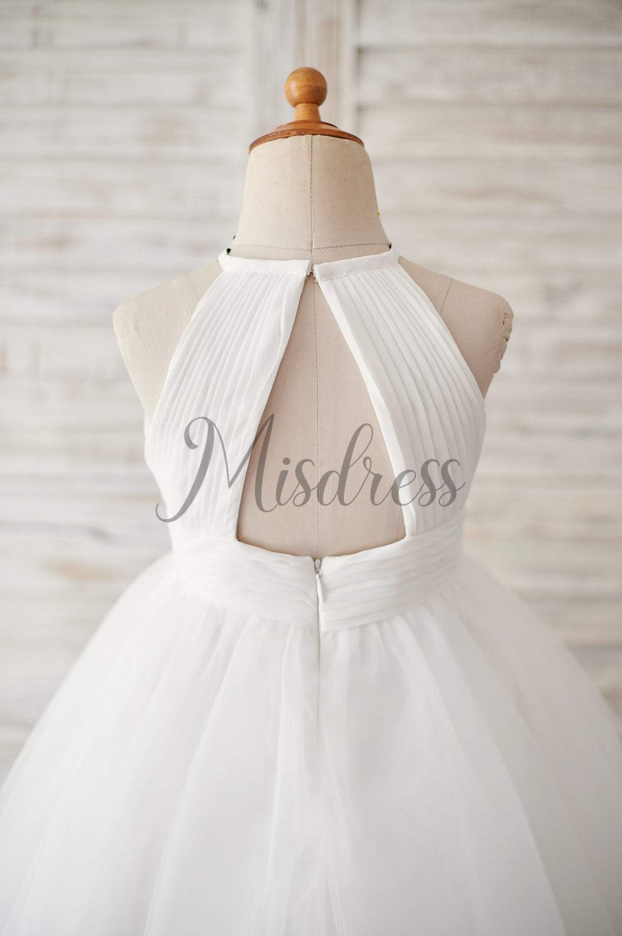 Ivory Chiffon Tulle Halter Neck Keyhole Back Wedding Flower Girl Dress - Flower Girl Dresses