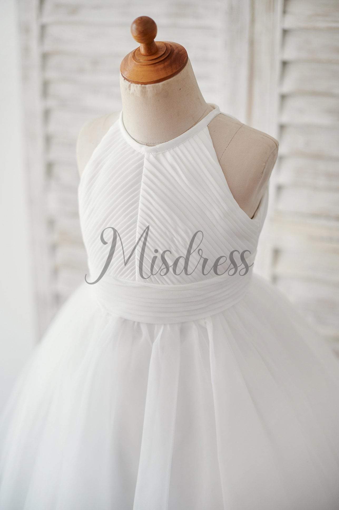 Ivory Chiffon Tulle Halter Neck Keyhole Back Wedding Flower Girl Dress - Flower Girl Dresses