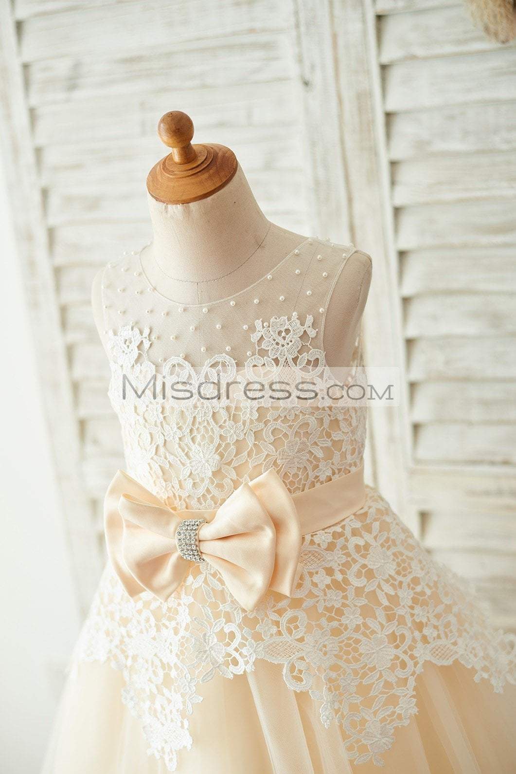 Ivory Lace Champagne Tulle Wedding Party Flower Girl Dress with Pearls - Flower Girl Dresses
