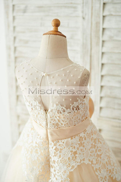 Ivory Lace Champagne Tulle Wedding Party Flower Girl Dress with Pearls - Flower Girl Dresses