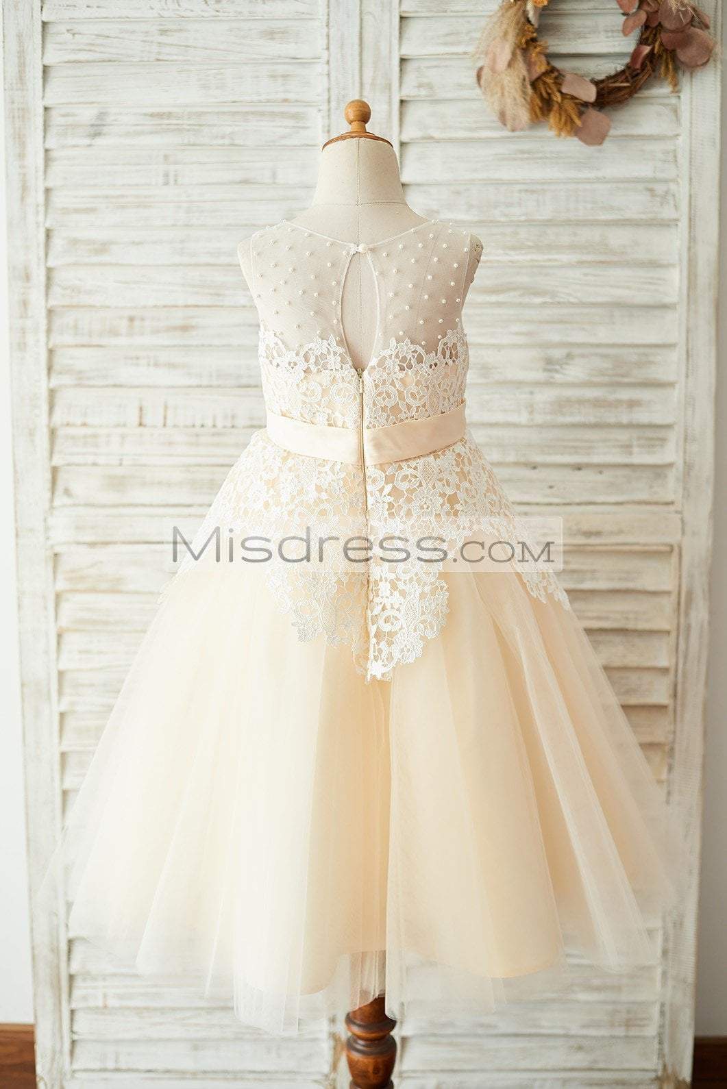Ivory Lace Champagne Tulle Wedding Party Flower Girl Dress with Pearls - Flower Girl Dresses