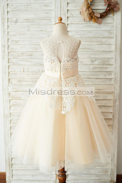 Ivory Lace Champagne Tulle Wedding Party Flower Girl Dress with Pearls - Flower Girl Dresses