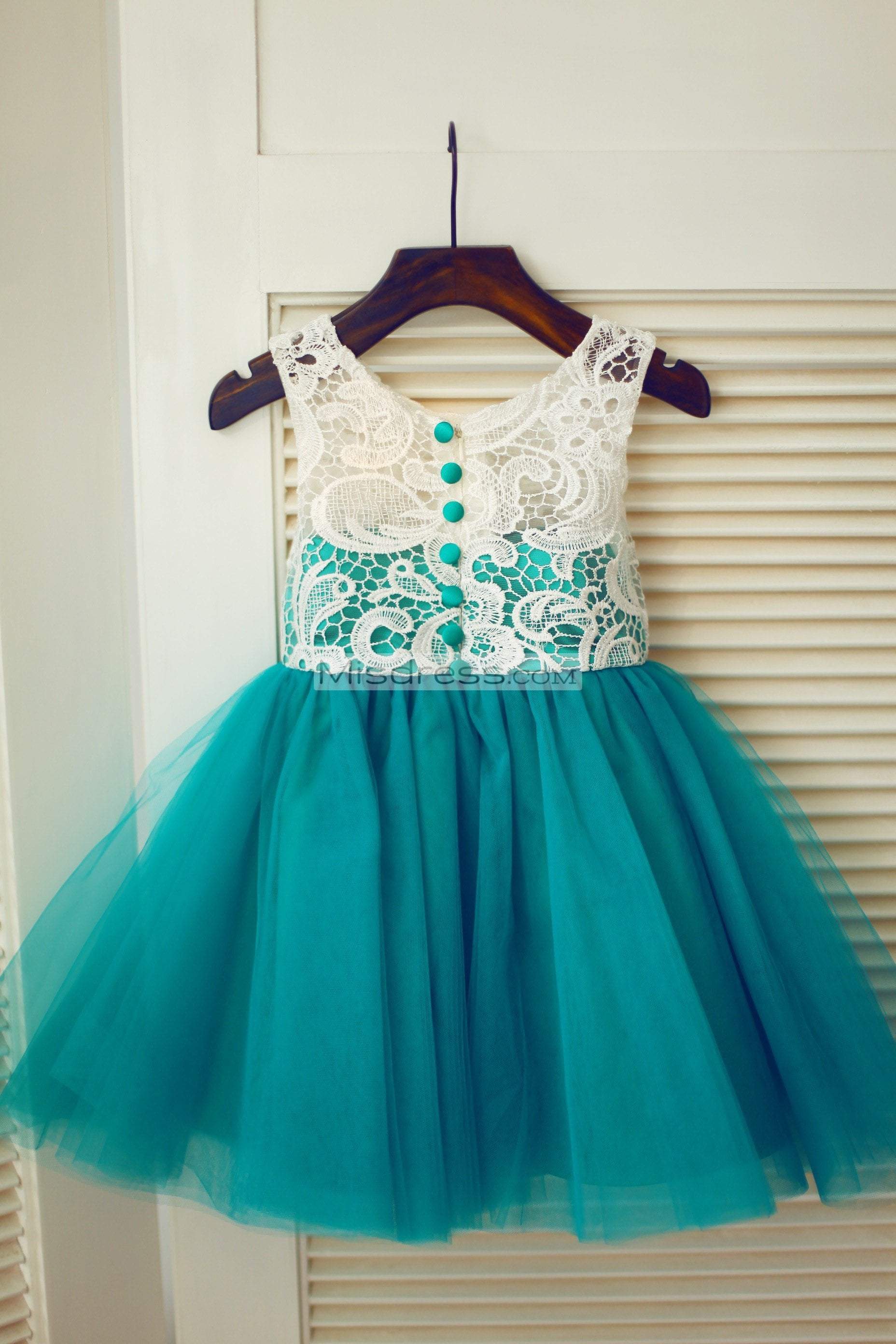 Ivory Lace Green Tulle Wedding Flower Girl Dress - Flower Girl Dresses