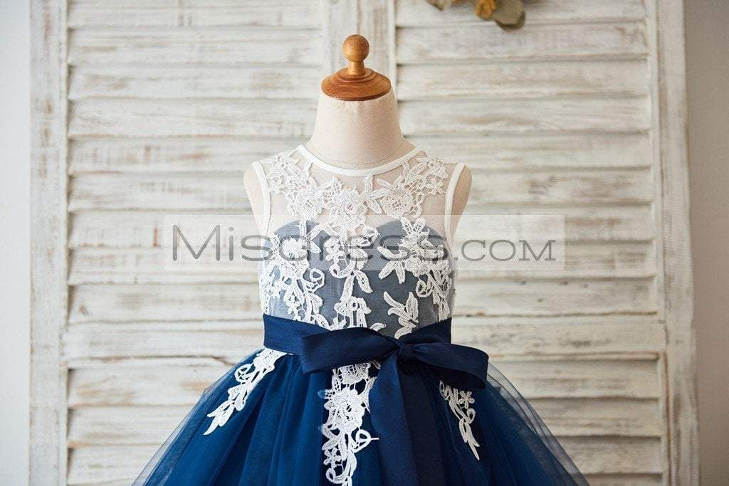 Ivory Lace Navy Blue Tulle Wedding Flower Girl Dress With V Back - Flower Girl Dresses