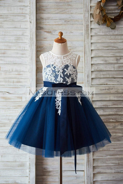 Ivory Lace Navy Blue Tulle Wedding Flower Girl Dress With V Back - Flower Girl Dresses