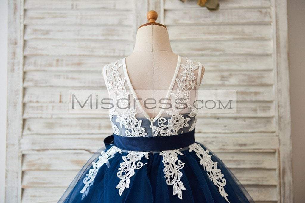 Ivory Lace Navy Blue Tulle Wedding Flower Girl Dress With V Back - Flower Girl Dresses