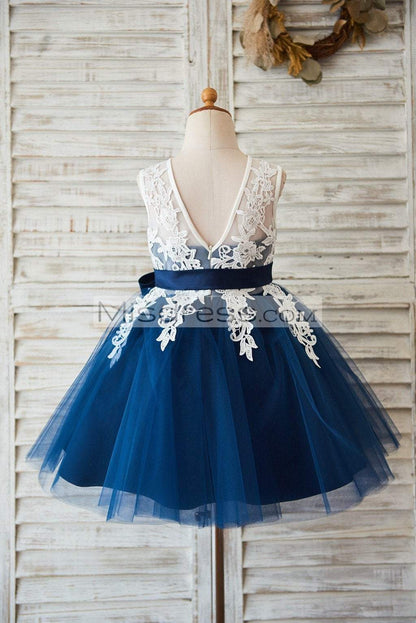 Ivory Lace Navy Blue Tulle Wedding Flower Girl Dress With V Back - Flower Girl Dresses
