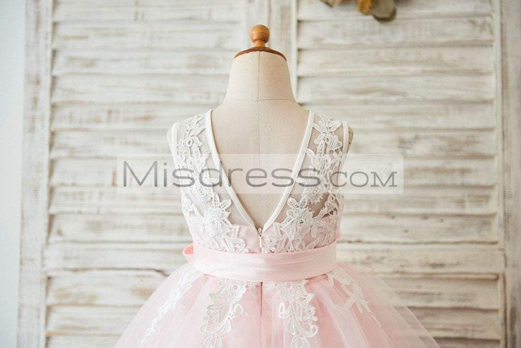Ivory Lace Pink Tulle Wedding Flower Girl Dress With V Back - Flower Girl Dresses